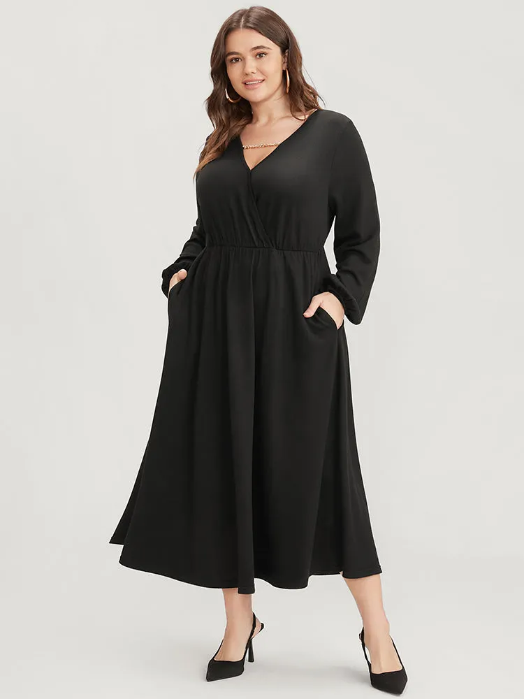 Solid Lantern Sleeve Pocket Chain Surplice Neck Midi Dress sold by Bloomchic