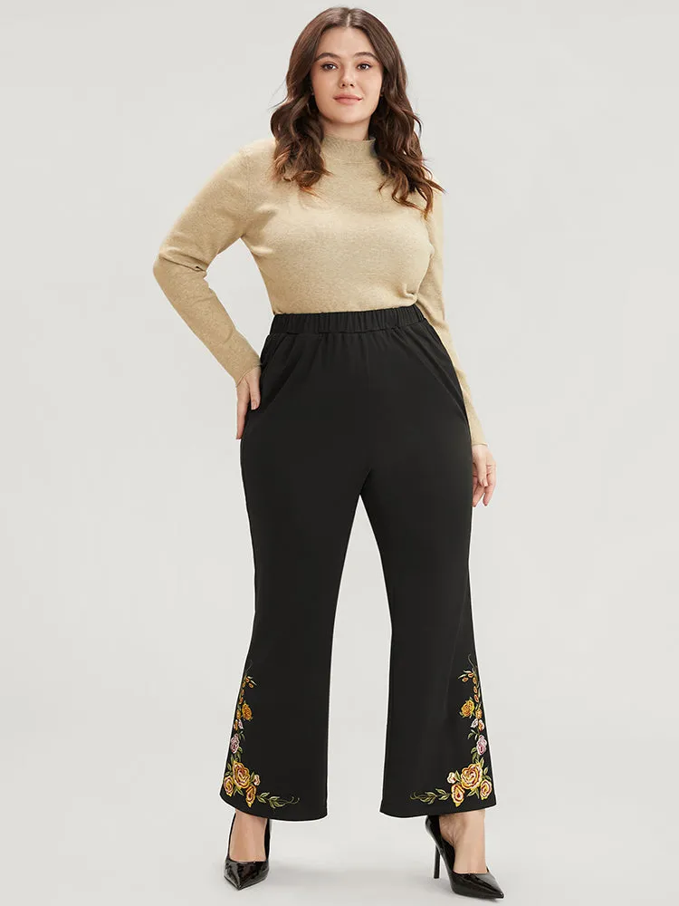 Floral Embroidered Pocket Elastic Waist Bootcut Pants sold by Bloomchic product image thumbnail 2
