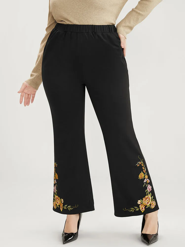 Floral Embroidered Pocket Elastic Waist Bootcut Pants sold by Bloomchic