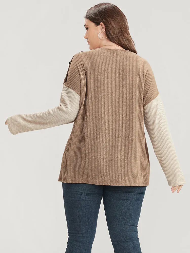 Colorblock Contrast Button Detail Rib Knit Sweatshirt sold by Bloomchic product image thumbnail 5