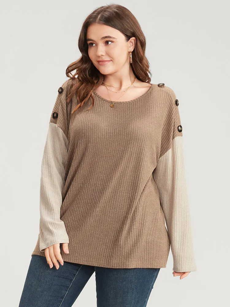 Colorblock Contrast Button Detail Rib Knit Sweatshirt sold by Bloomchic product image thumbnail 2