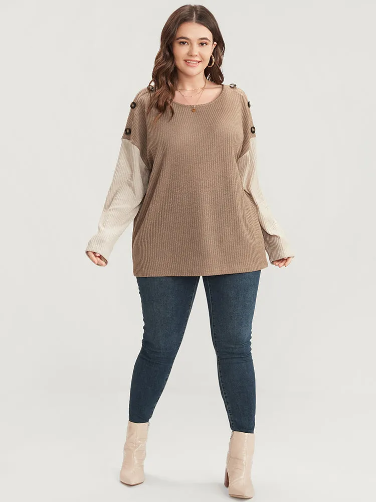 Colorblock Contrast Button Detail Rib Knit Sweatshirt sold by Bloomchic product image thumbnail 4