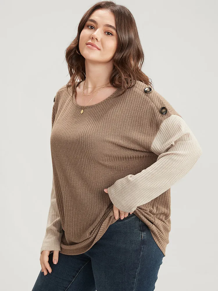Colorblock Contrast Button Detail Rib Knit Sweatshirt sold by Bloomchic