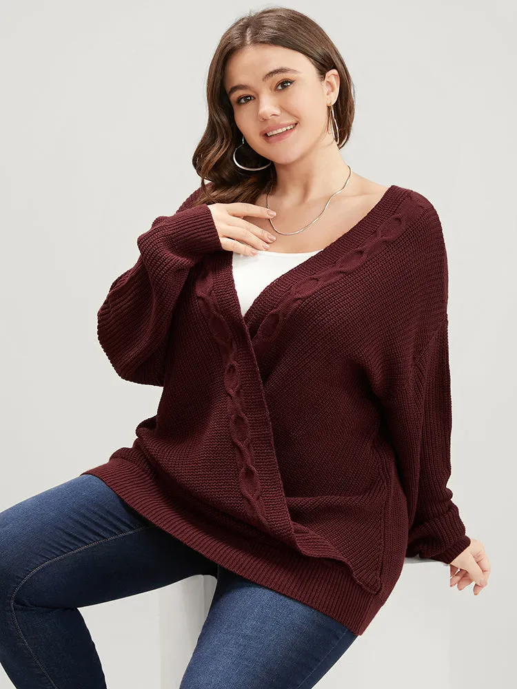 Solid Pointelle Knit Surplice Neck Cable Knit Top sold by Bloomchic