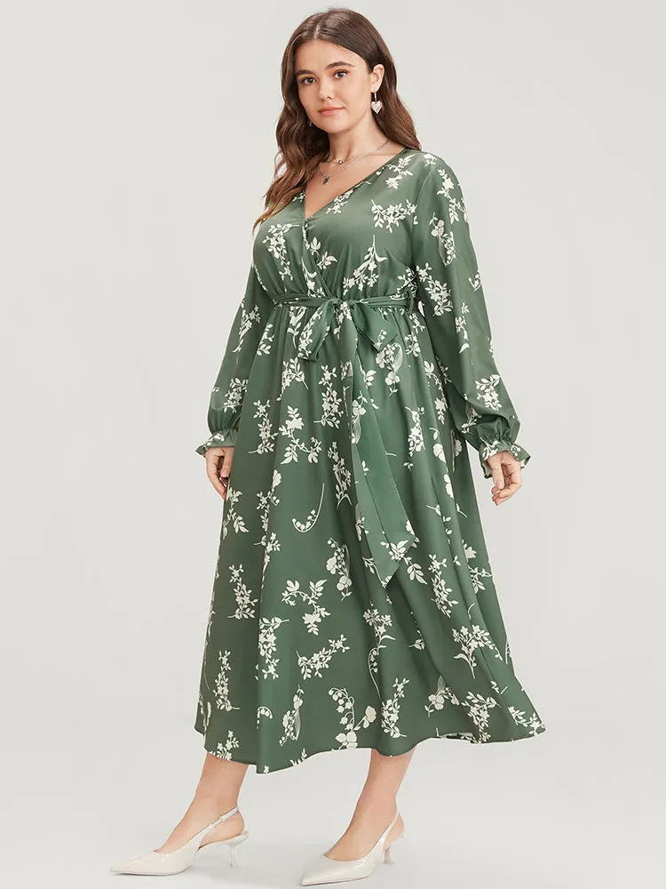 Floral Wrap Pocket Lantern Sleeve Belted Ruffle Dress sold by Bloomchic product image thumbnail 2