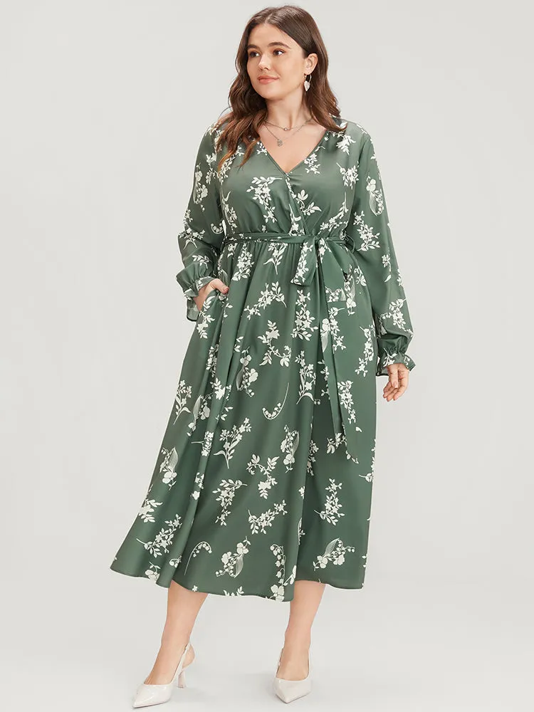 Floral Wrap Pocket Lantern Sleeve Belted Ruffle Dress sold by Bloomchic product image thumbnail 3