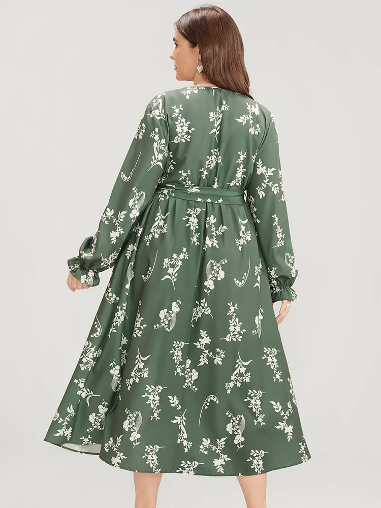 Floral Wrap Pocket Lantern Sleeve Belted Ruffle Dress sold by Bloomchic product image thumbnail 5