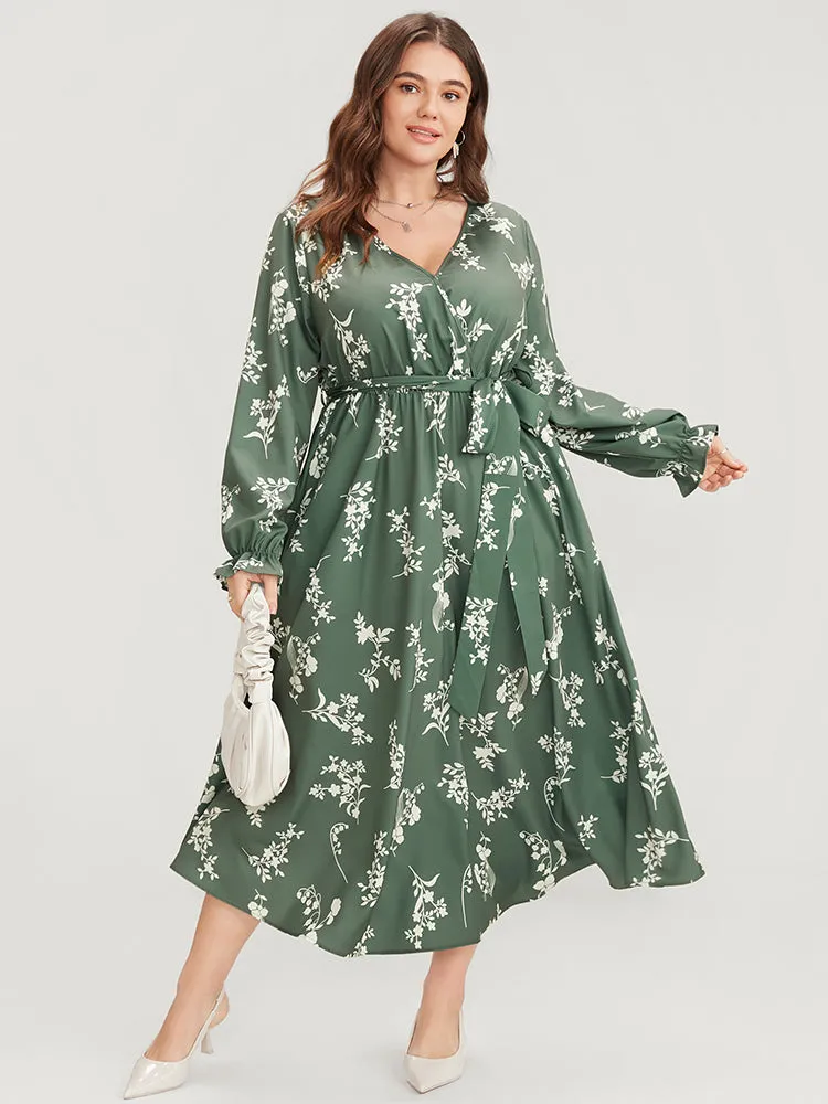 Floral Wrap Pocket Lantern Sleeve Belted Ruffle Dress sold by Bloomchic