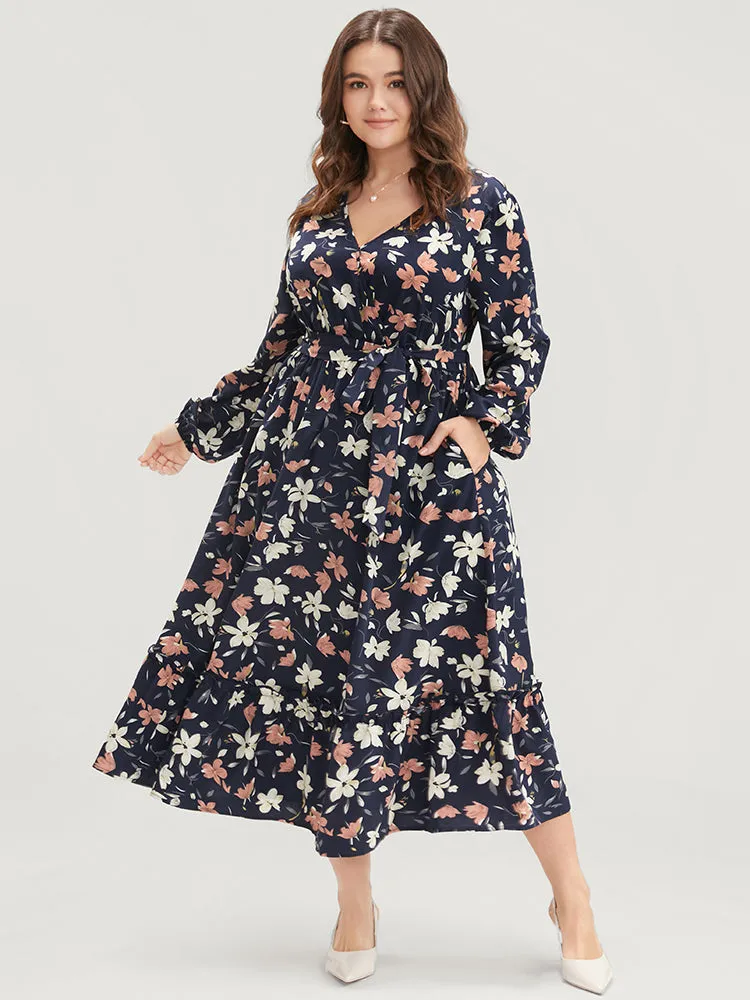 Floral Printed Lantern Sleeve Pocket Belted Surplice Neck Dress sold by Bloomchic product image thumbnail 2