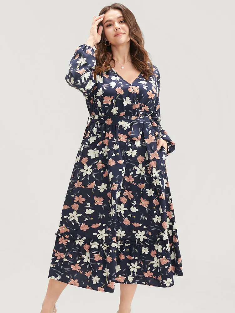 Floral Printed Lantern Sleeve Pocket Belted Surplice Neck Dress sold by Bloomchic product image thumbnail 3