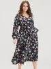 Floral Printed Lantern Sleeve Pocket Belted Surplice Neck Dress sold by Bloomchic