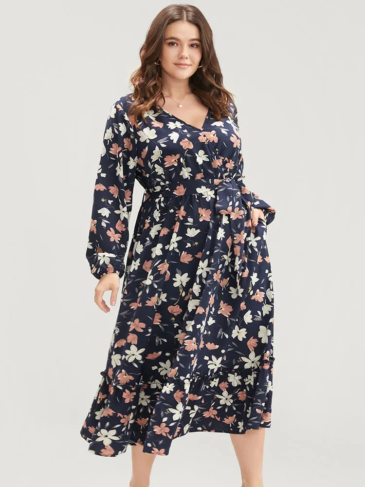 Floral Printed Lantern Sleeve Pocket Belted Surplice Neck Dress sold by Bloomchic product image thumbnail 4