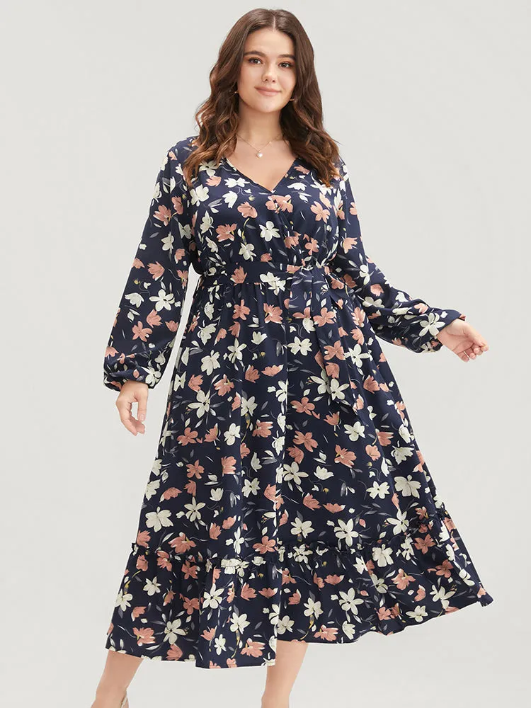 Floral Printed Lantern Sleeve Pocket Belted Surplice Neck Dress sold by Bloomchic