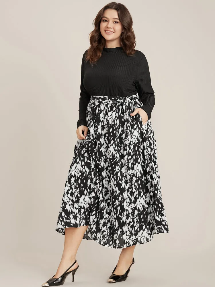 Allover Print Patchwork Pocket Belted Mock Neck Dress sold by Bloomchic product image thumbnail 3