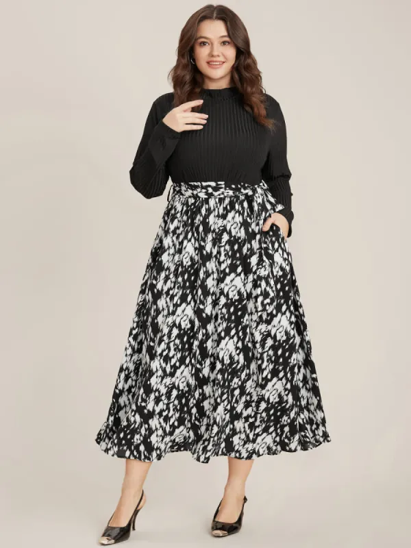 Allover Print Patchwork Pocket Belted Mock Neck Dress sold by Bloomchic