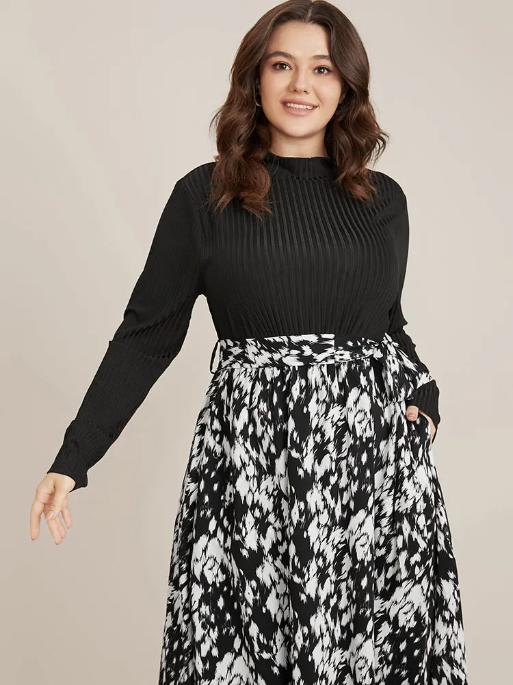 Allover Print Patchwork Pocket Belted Mock Neck Dress sold by Bloomchic product image thumbnail 5