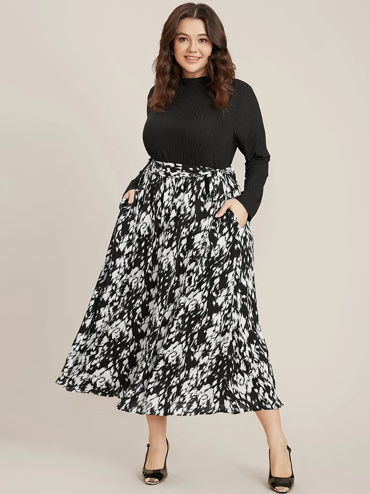 Allover Print Patchwork Pocket Belted Mock Neck Dress sold by Bloomchic product image thumbnail 2