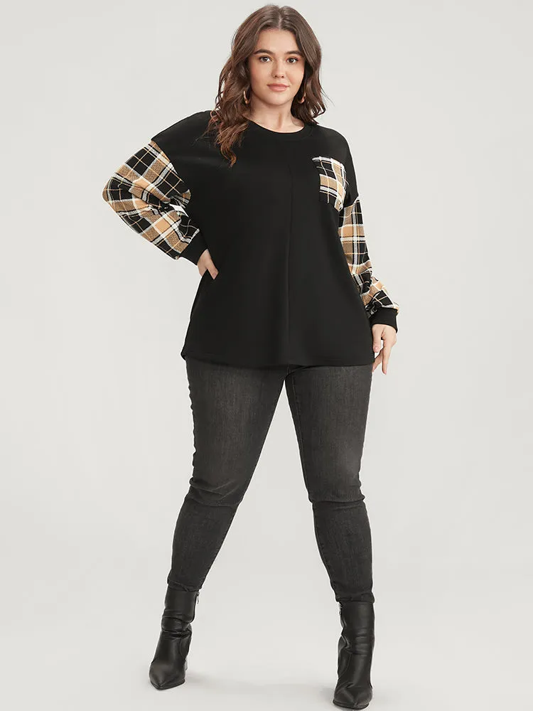 Plaid Patchwork Pocket Round Neck Sweatshirt sold by Bloomchic product image thumbnail 4