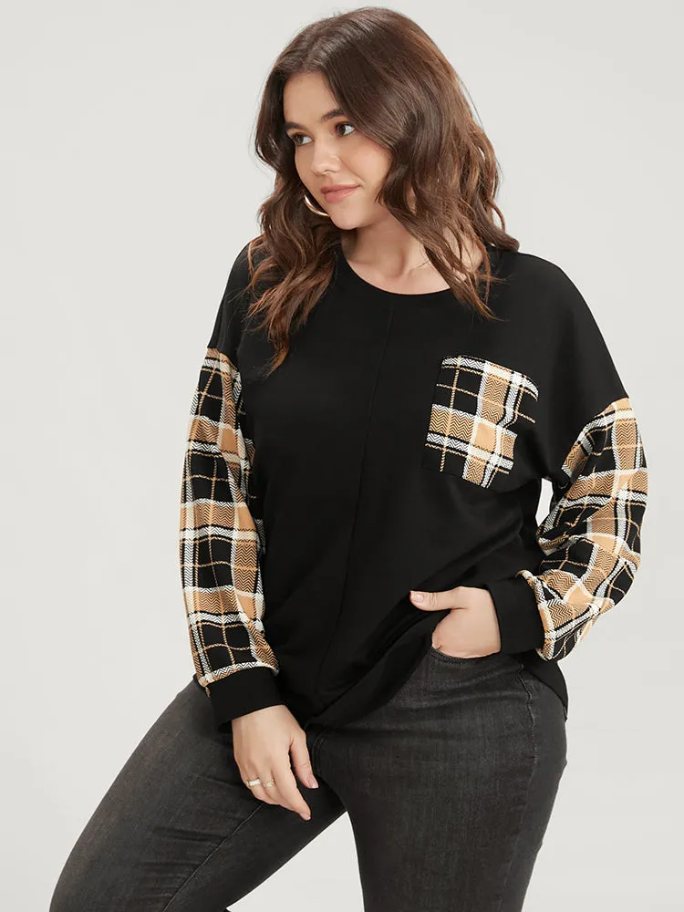 Plaid Patchwork Pocket Round Neck Sweatshirt sold by Bloomchic