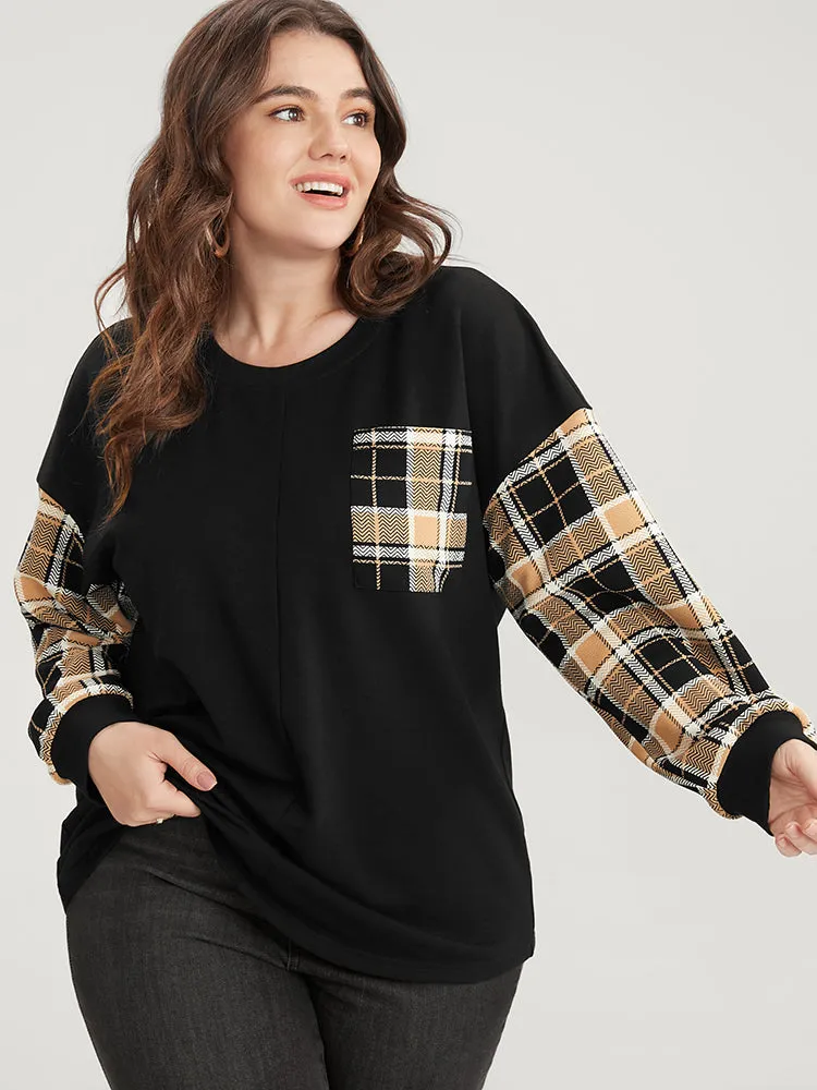 Plaid Patchwork Pocket Round Neck Sweatshirt sold by Bloomchic product image thumbnail 2