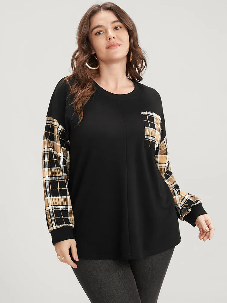 Plaid Patchwork Pocket Round Neck Sweatshirt sold by Bloomchic product image thumbnail 3