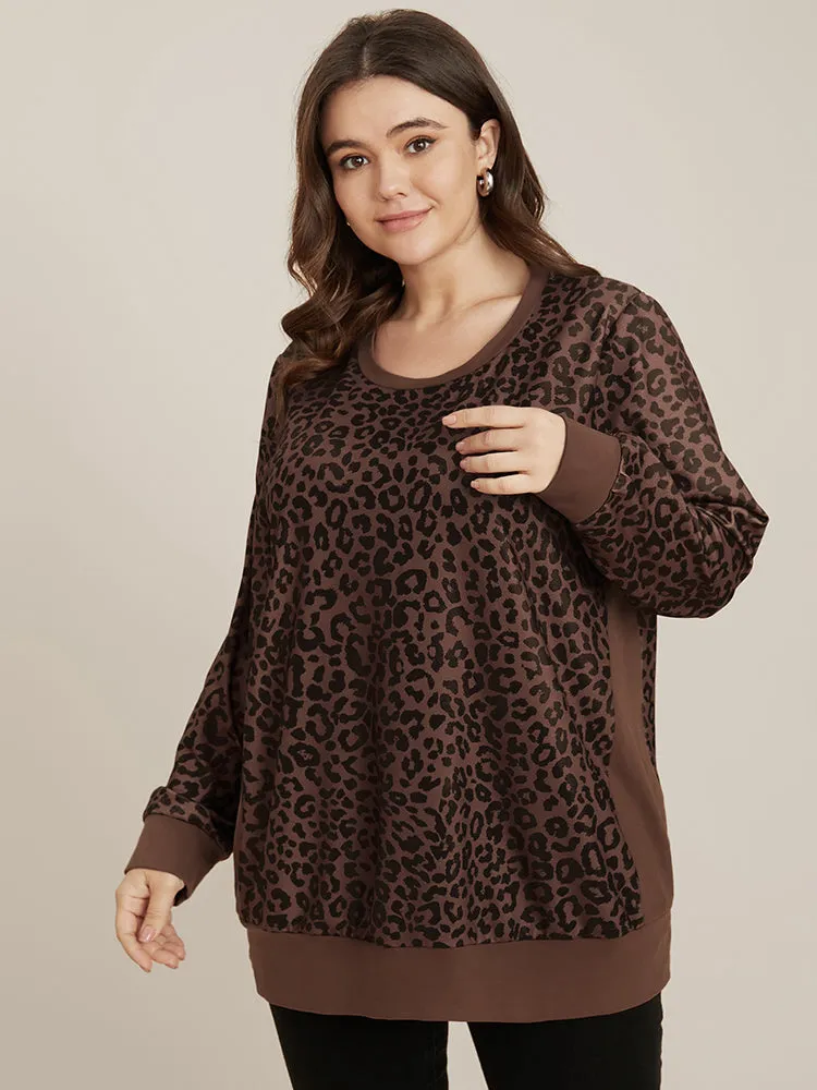 Leopard Patchwork Round Neck Drop Shoulder Sweatshirt sold by Bloomchic product image thumbnail 4