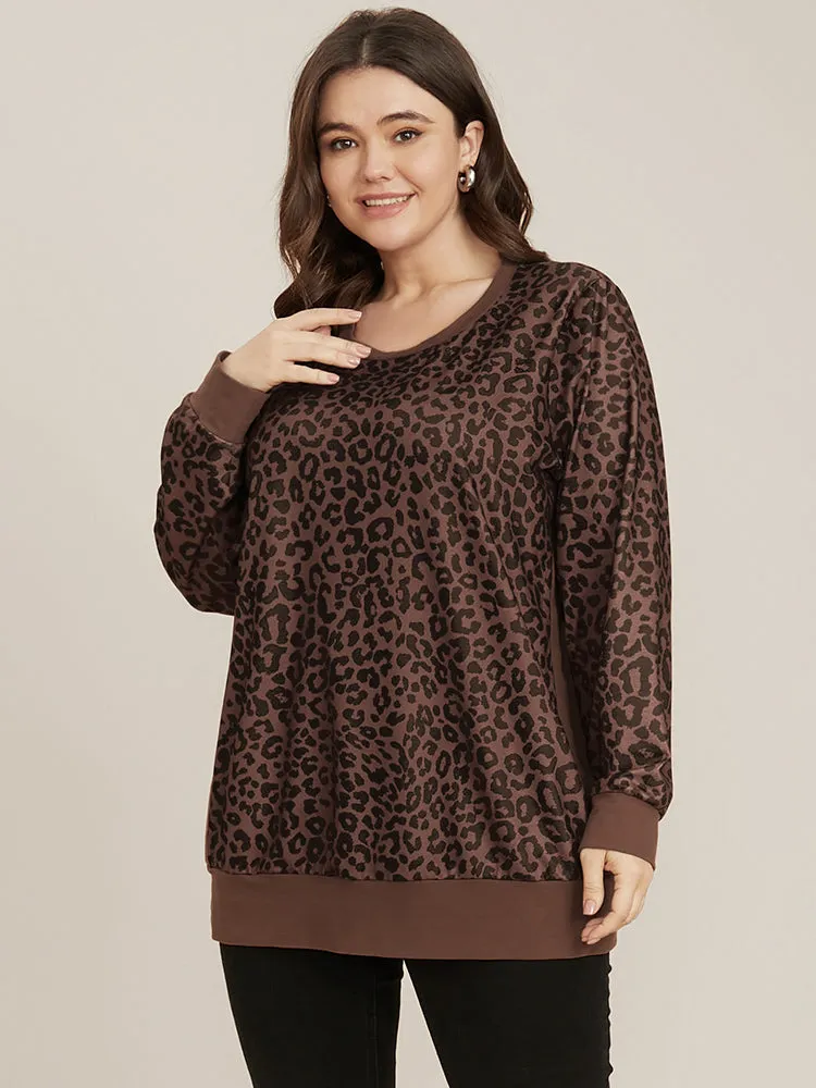 Leopard Patchwork Round Neck Drop Shoulder Sweatshirt sold by Bloomchic