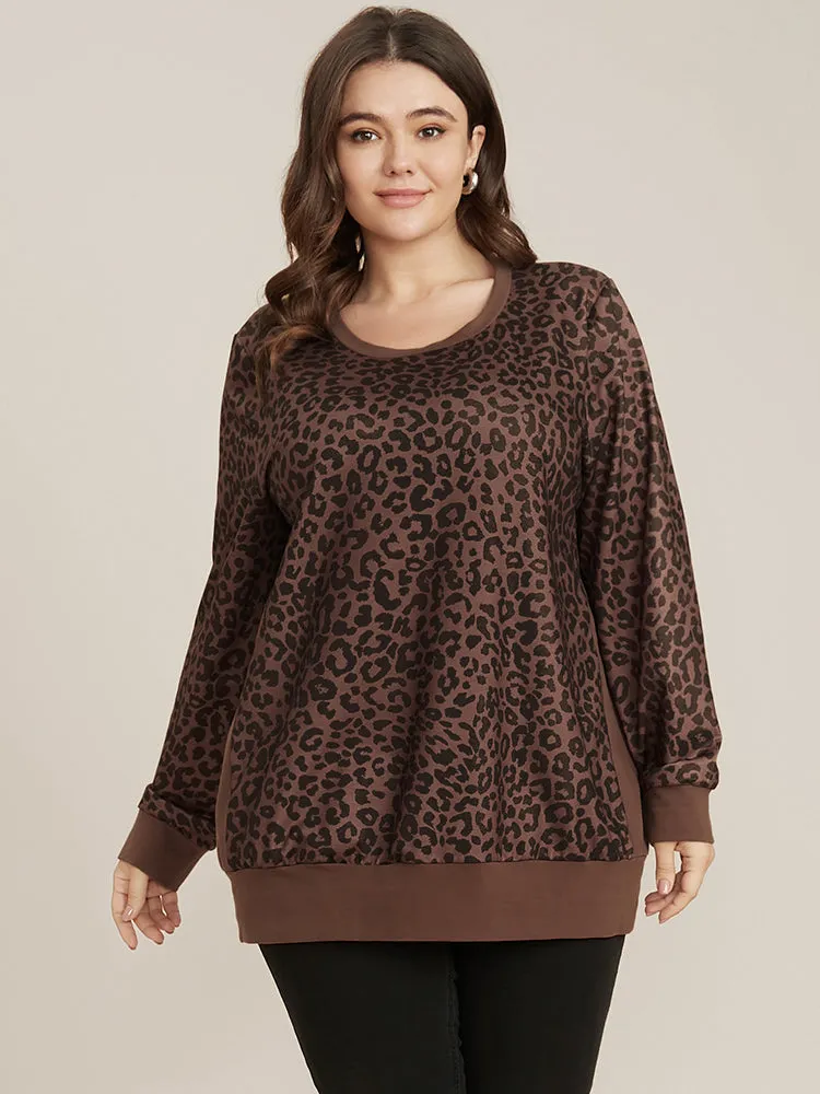 Leopard Patchwork Round Neck Drop Shoulder Sweatshirt sold by Bloomchic product image thumbnail 2