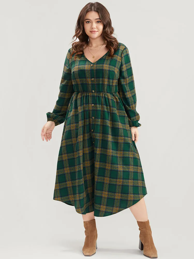 Plaid Lantern Sleeve Pocket Button Detail Arc Hem Dress sold by Bloomchic product image thumbnail 4
