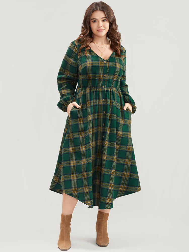 Plaid Lantern Sleeve Pocket Button Detail Arc Hem Dress sold by Bloomchic
