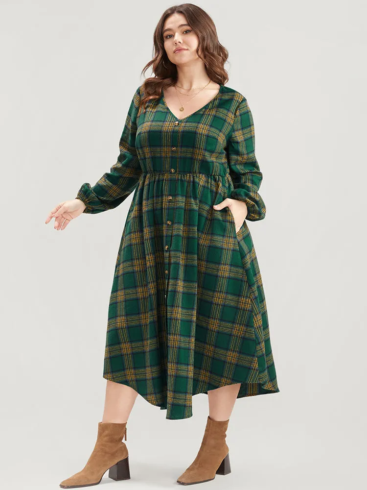 Plaid Lantern Sleeve Pocket Button Detail Arc Hem Dress sold by Bloomchic product image thumbnail 5