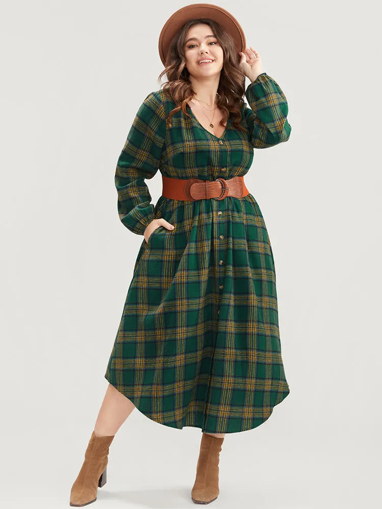 Plaid Lantern Sleeve Pocket Button Detail Arc Hem Dress sold by Bloomchic product image thumbnail 2