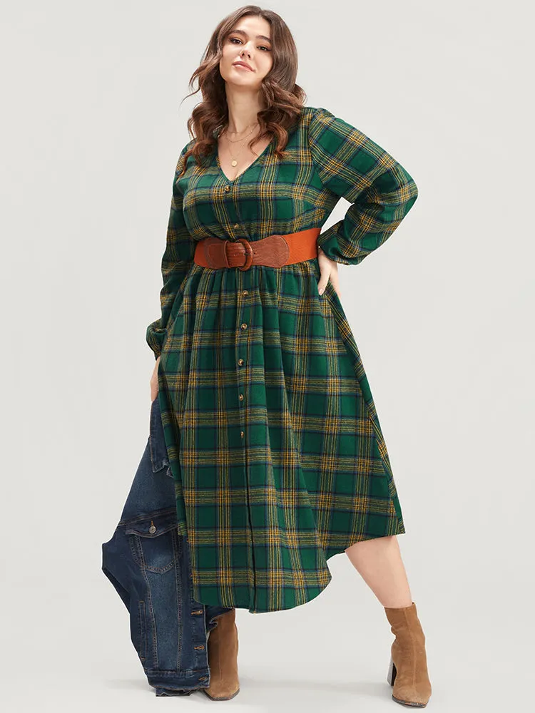 Plaid Lantern Sleeve Pocket Button Detail Arc Hem Dress sold by Bloomchic product image thumbnail 3