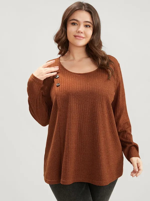 Solid Round Neck Button Detail Rib Knit Long Tee sold by Bloomchic