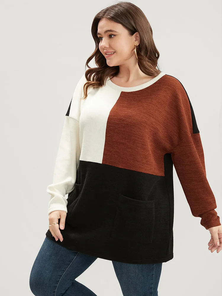 Colorblock Contrast Pocket Round Neck Drop Shoulder Sweatshirt sold by Bloomchic product image thumbnail 3