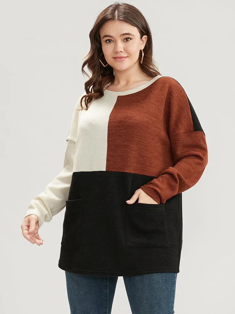Colorblock Contrast Pocket Round Neck Drop Shoulder Sweatshirt sold by Bloomchic