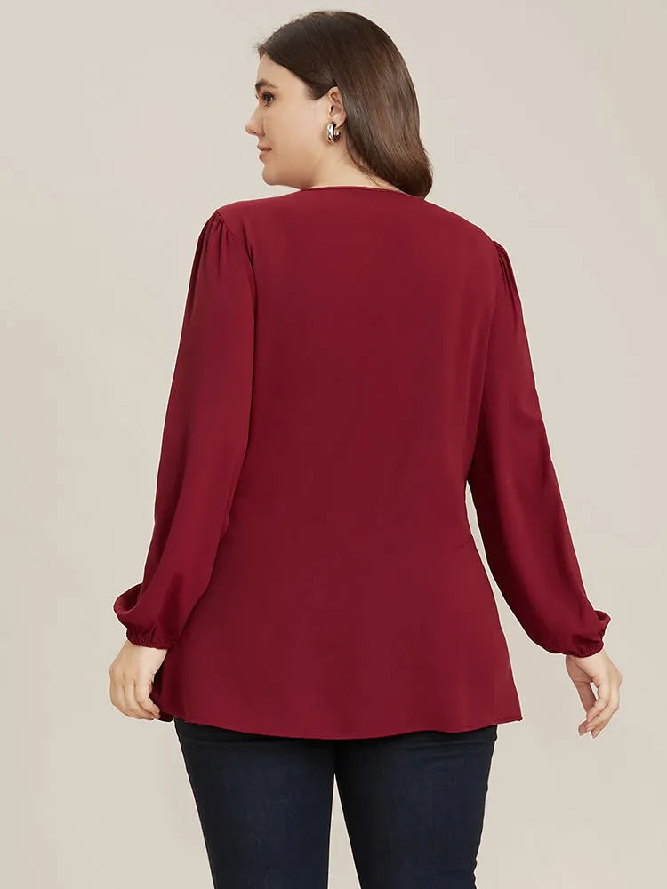 Solid V Neck Lantern Sleeve Knotted Front Blouse sold by Bloomchic product image thumbnail 4