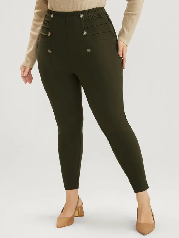 Solid Elastic Waist Button Detail Skinny Leggings sold by Bloomchic