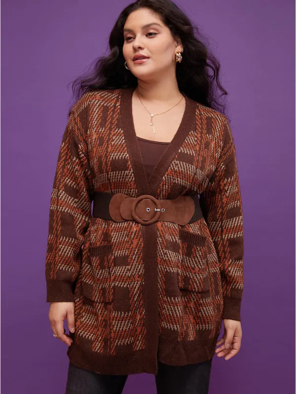 Tartan Contrast Pointelle Knit Pocket Open Front Cardigan sold by Bloomchic