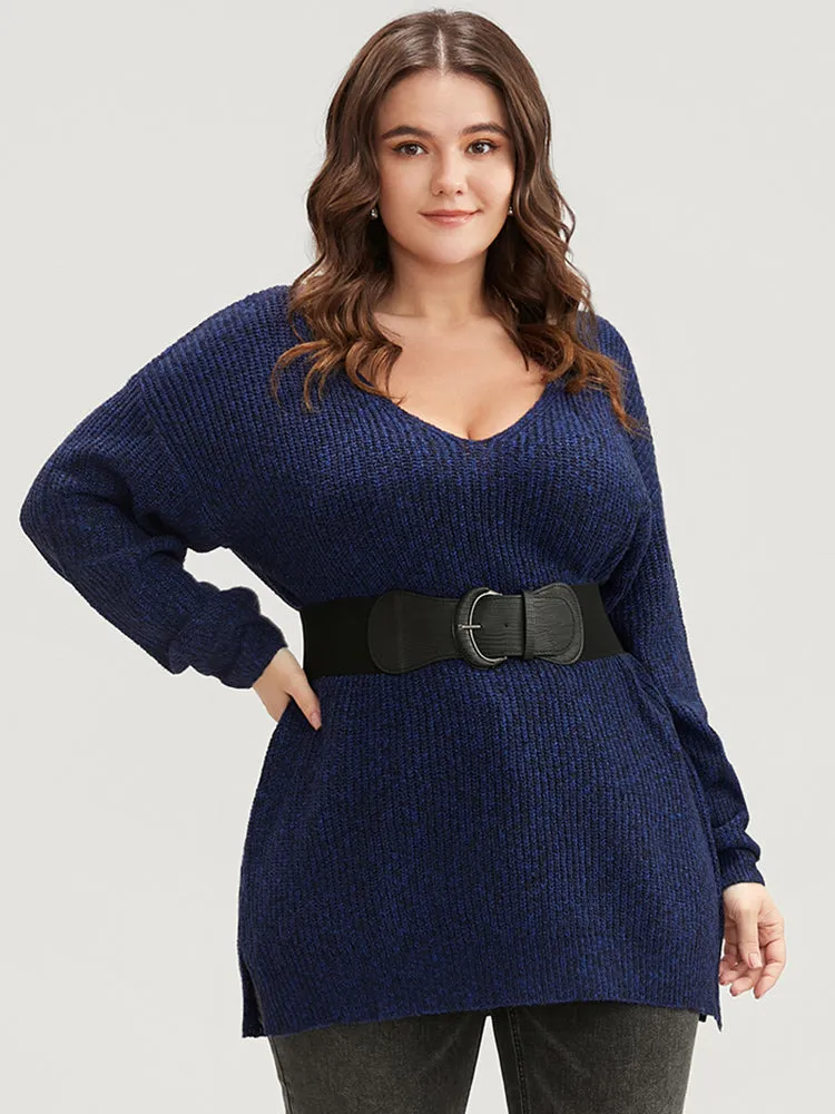 Solid Pointelle Knit V Neck Split Hem Heather Knit Top sold by Bloomchic product image thumbnail 2