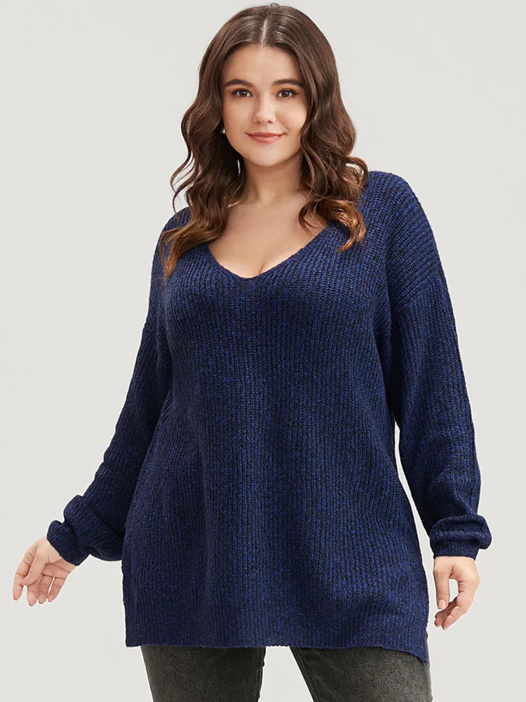 Solid Pointelle Knit V Neck Split Hem Heather Knit Top sold by Bloomchic product image thumbnail 3
