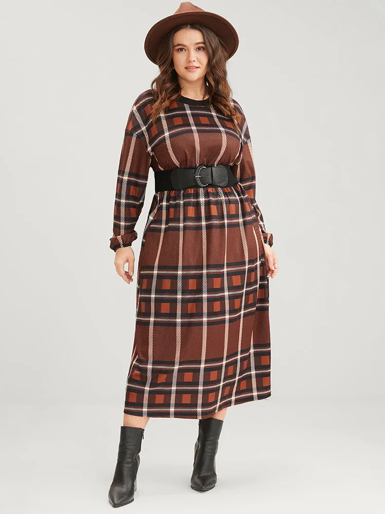 Plaid Patchwork Round Neck Lantern Sleeve Pocket Midi Dress sold by Bloomchic product image thumbnail 3