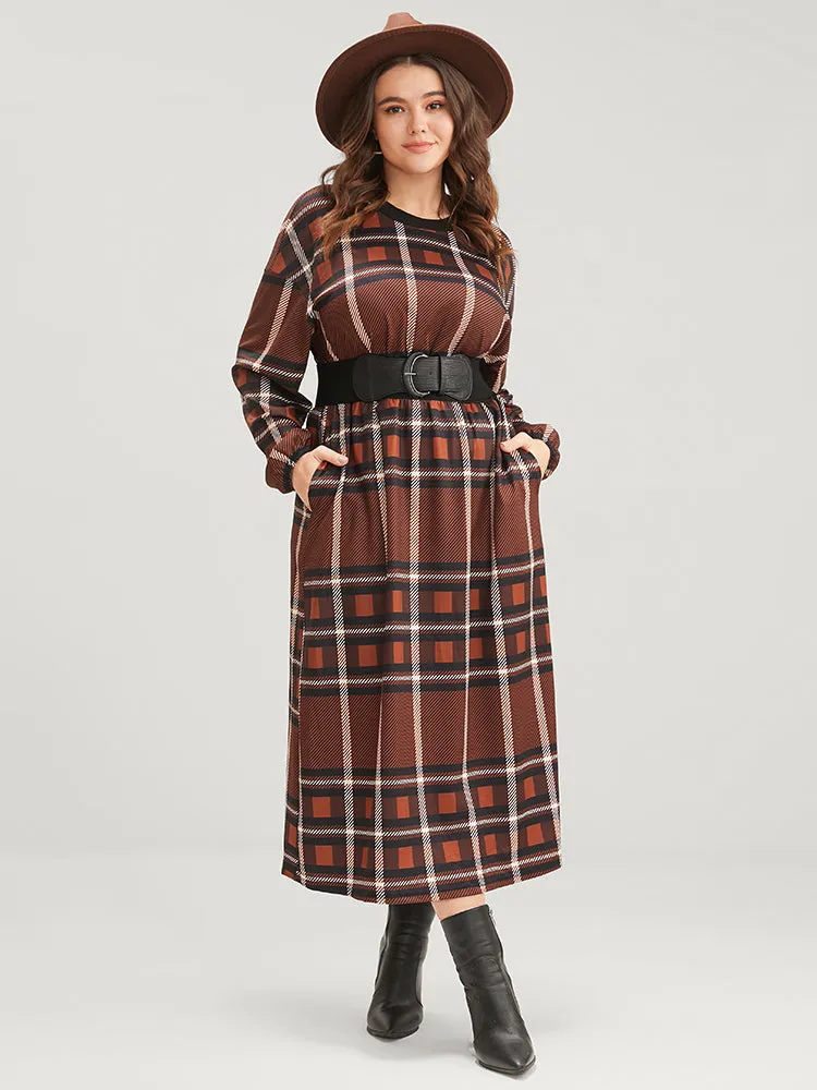 Plaid Patchwork Round Neck Lantern Sleeve Pocket Midi Dress sold by Bloomchic product image thumbnail 4
