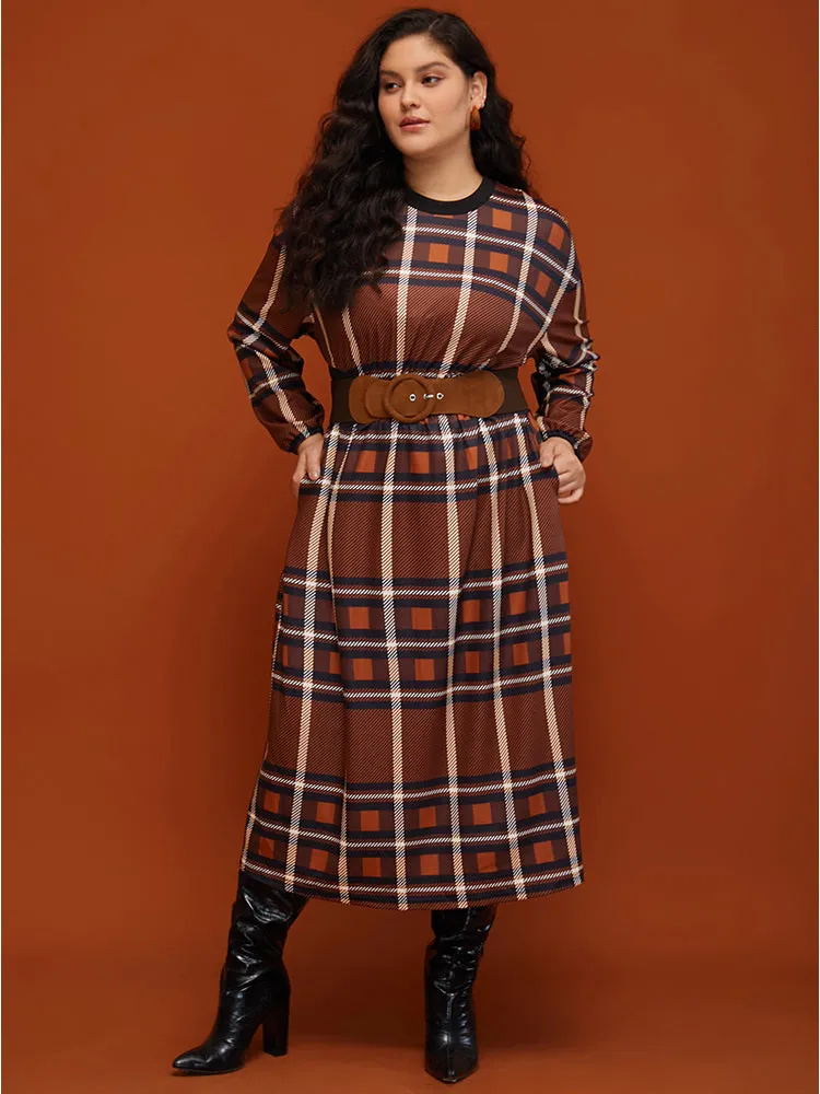 Plaid Patchwork Round Neck Lantern Sleeve Pocket Midi Dress sold by Bloomchic