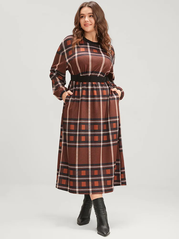 Plaid Patchwork Round Neck Lantern Sleeve Pocket Midi Dress sold by Bloomchic product image thumbnail 5
