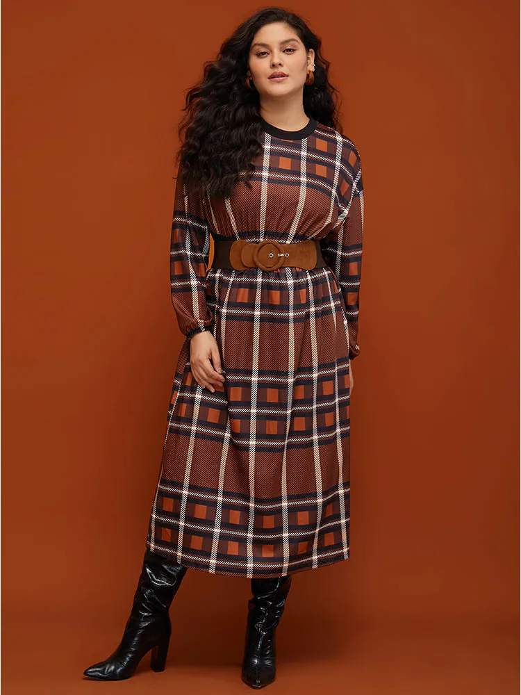 Plaid Patchwork Round Neck Lantern Sleeve Pocket Midi Dress sold by Bloomchic product image thumbnail 2