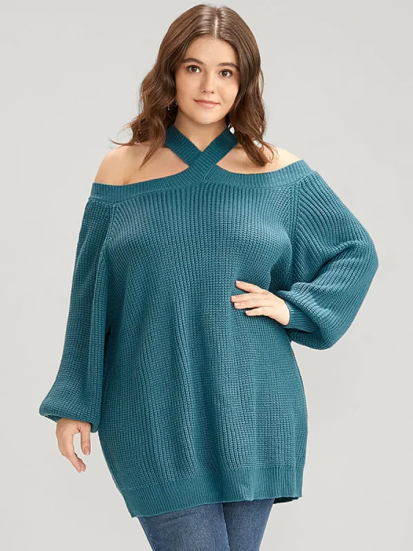 Solid Pointelle Knit Lantern Sleeve Cold Shoulder Knit Top sold by Bloomchic