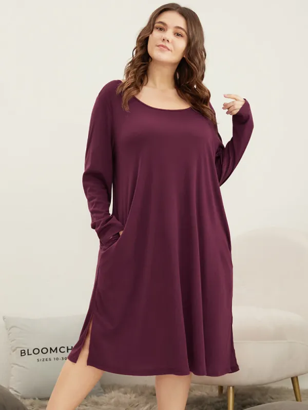Solid Butterfly Round Neck Pocket Split Hem Sleep Dress sold by Bloomchic