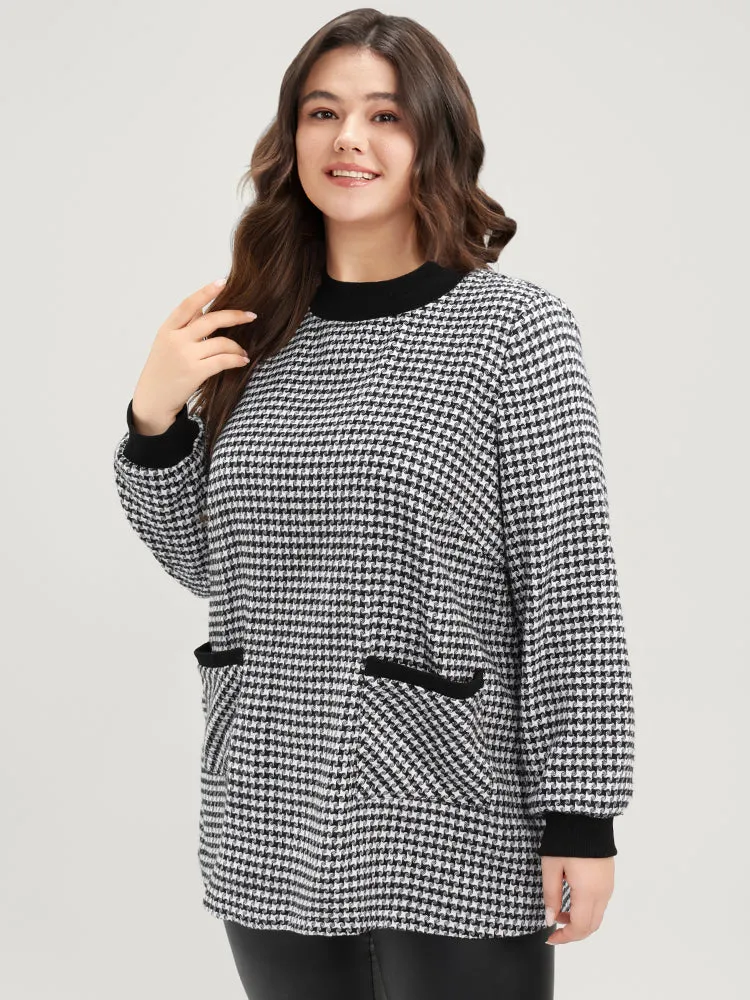 Contrast Trim Pocket Mock Neck Houndstooth Sweatshirt sold by Bloomchic product image thumbnail 3