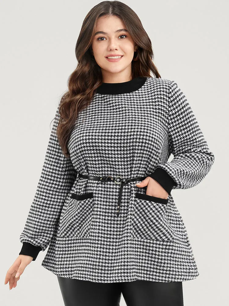 Contrast Trim Pocket Mock Neck Houndstooth Sweatshirt sold by Bloomchic